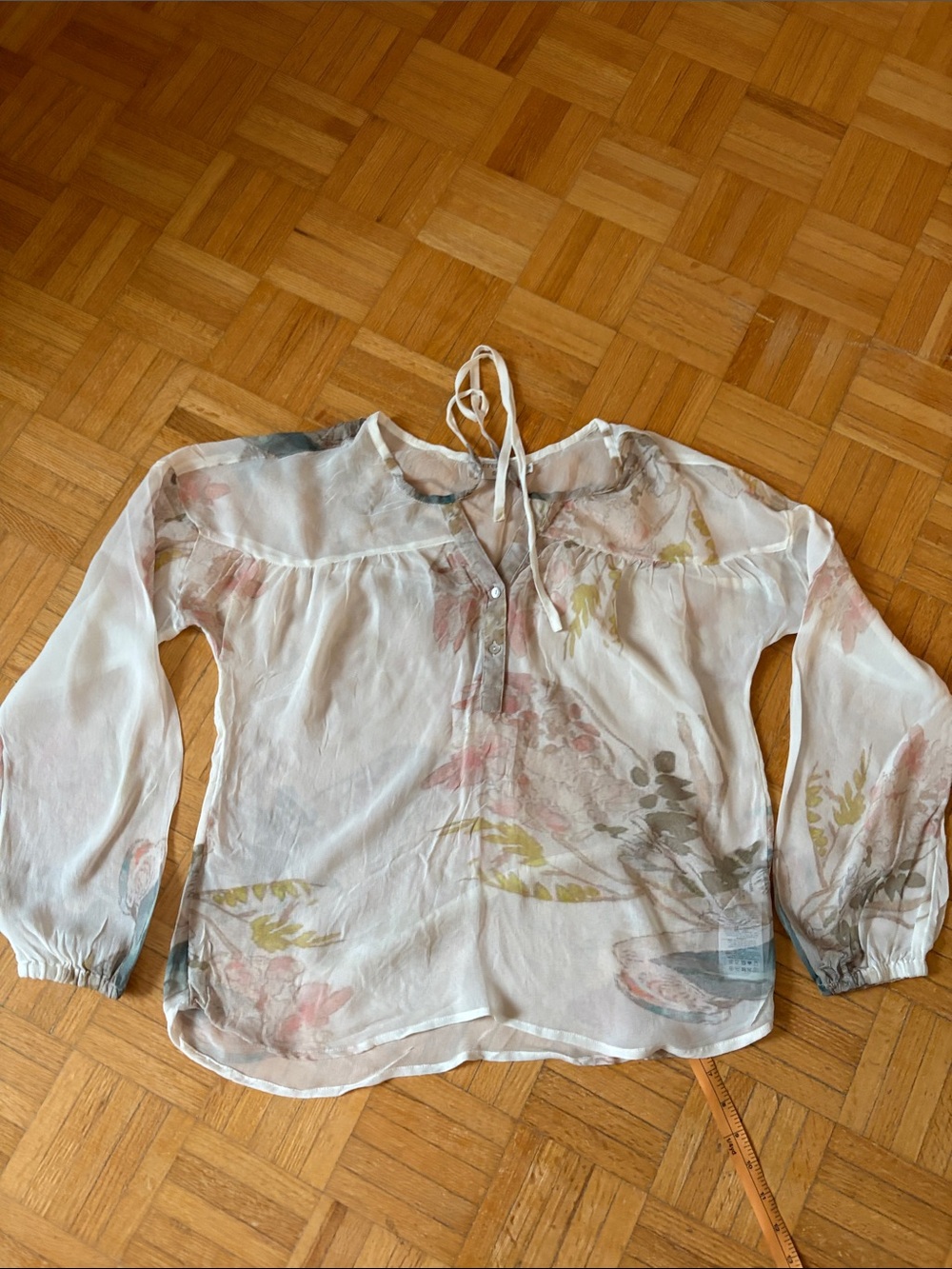 Cream. Lightweight White Floral Tie-Neck Blouse